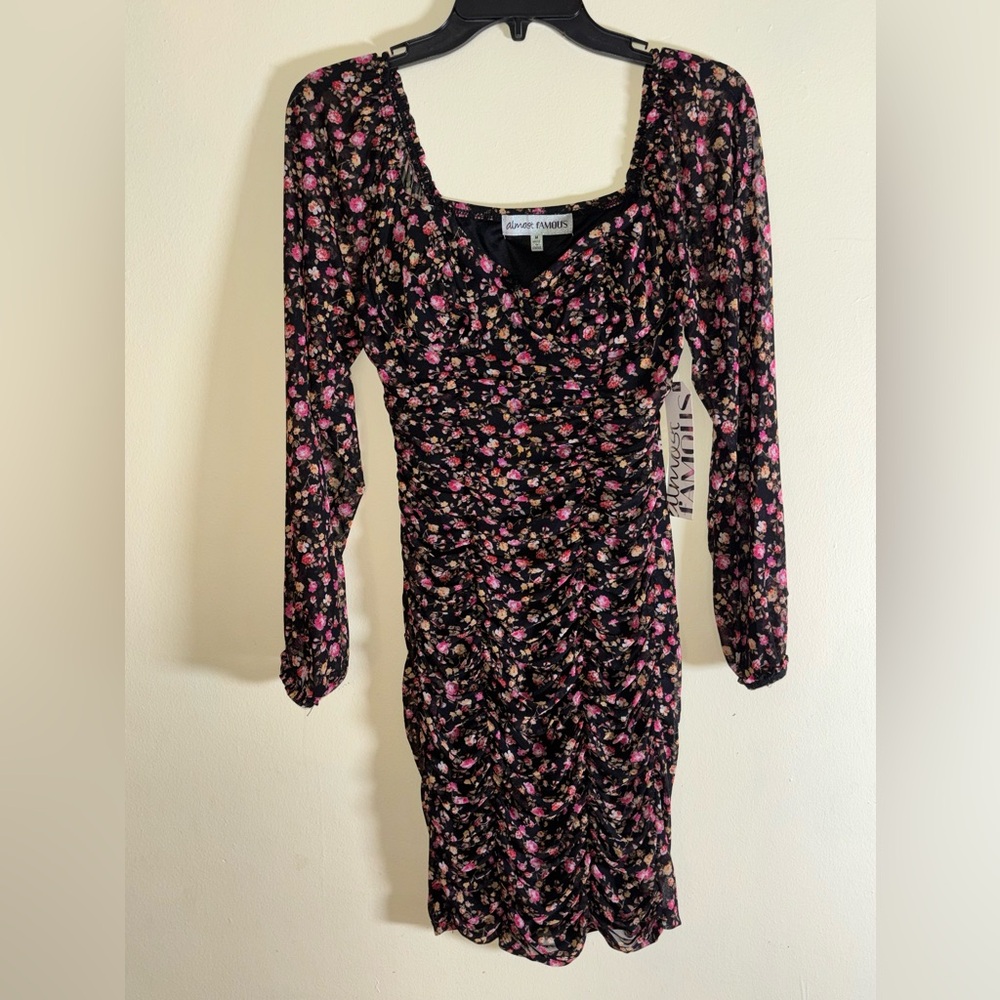 Almost Famous Black and Pink Floral Long Sleeve Dress